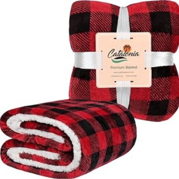 2x Catalonia Classic Red Black Checkered Holiday Blanket Buffalo Plaid Sherpa - Picture 5 of 6